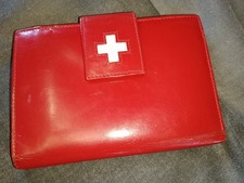 Vintage Swiss Ethno Herren rot Leder Geldbörse weiß Kreuz Doppelfaltverschluss Münzfach