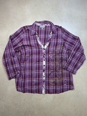 Essentials Women's Plaid Long Sleeve Button-Up Blouse with Embellished Studs