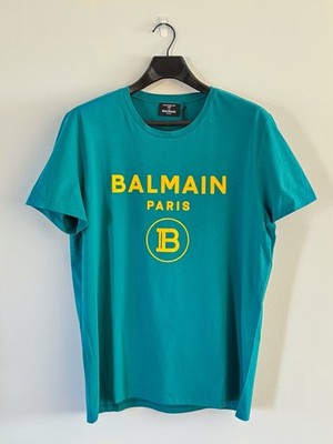 NWT Balmain Paris Balmain x Saks Teal Flocked Graphic Logo Men's T-Shirt, XXL