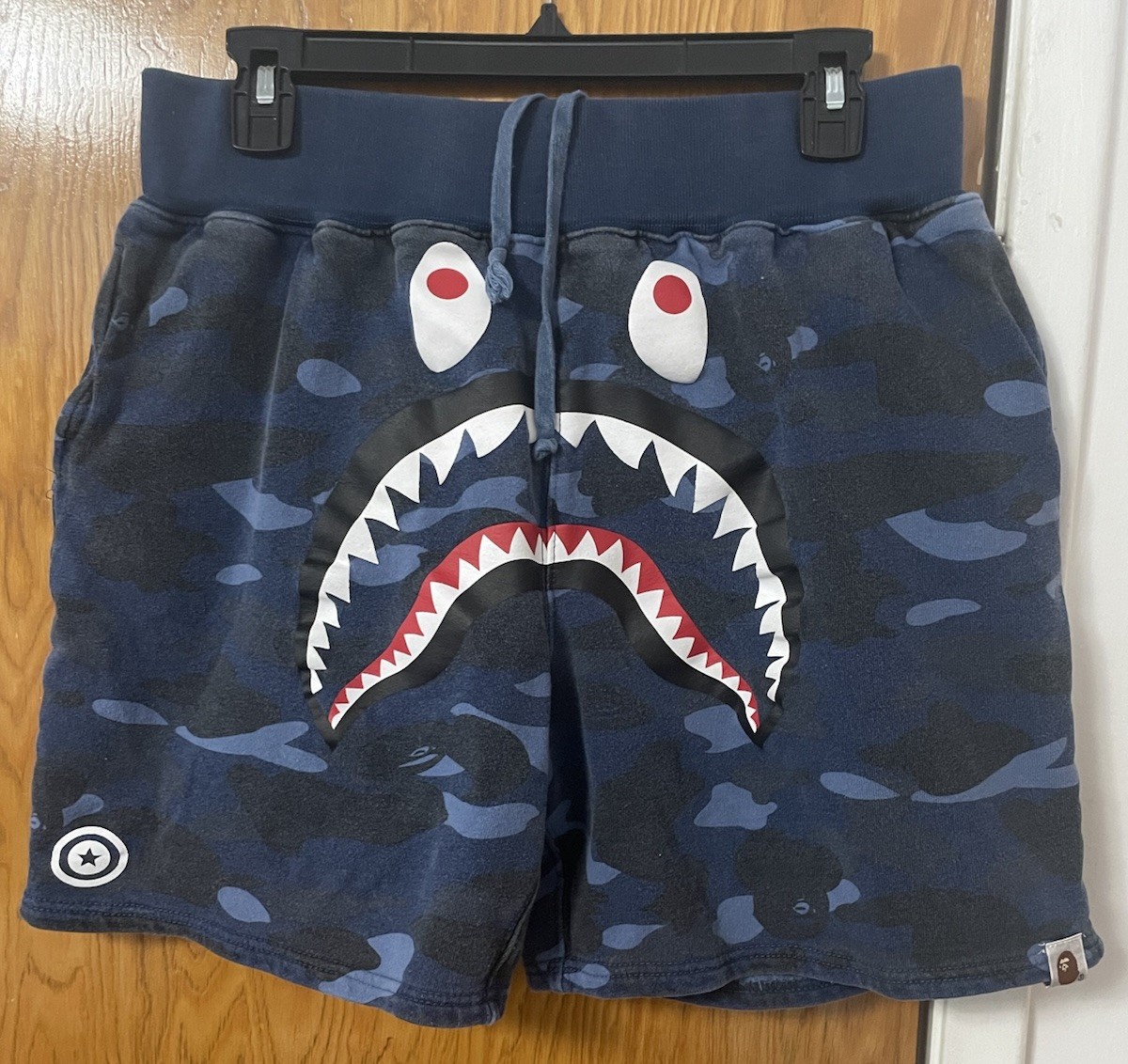 A Bathing Ape BAPE Blue Camo WGM Shark Sweat Shorts Size L Japan