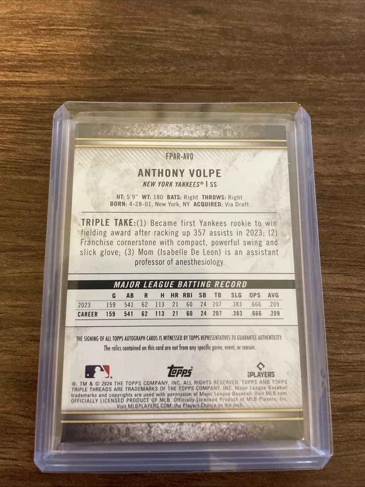 2024 Topps Triple Threads Anthony Volpe Future Phenoms Gold Relic Auto /35 - Image 2 of 2