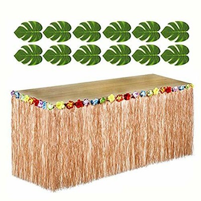 Hawaiian Luau Party Bundle 12 Green Tropical Leaves 1 Brown Grass Table Skirt Ebay