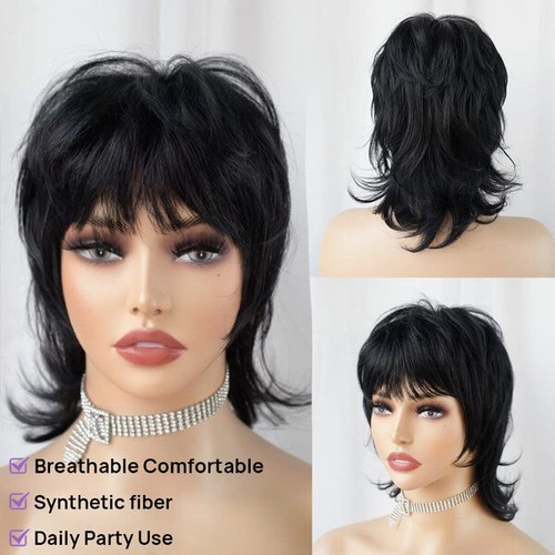 Black Shaggy Layered Mullet Wig Pixie Cut Wig With Bangs Curly Synthetic Hair - Picture 12 of 12
