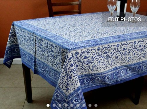 Hand Block Print Indigo Floral Blue Color Made Cotton Table Cloth,linen:55x85"In - Picture 2 of 2
