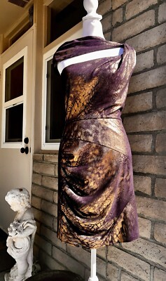 Black Halo Eggplant Gold Sueded Fabric One Shoulder Ethereal Short Dress!  Size 4 | eBay
