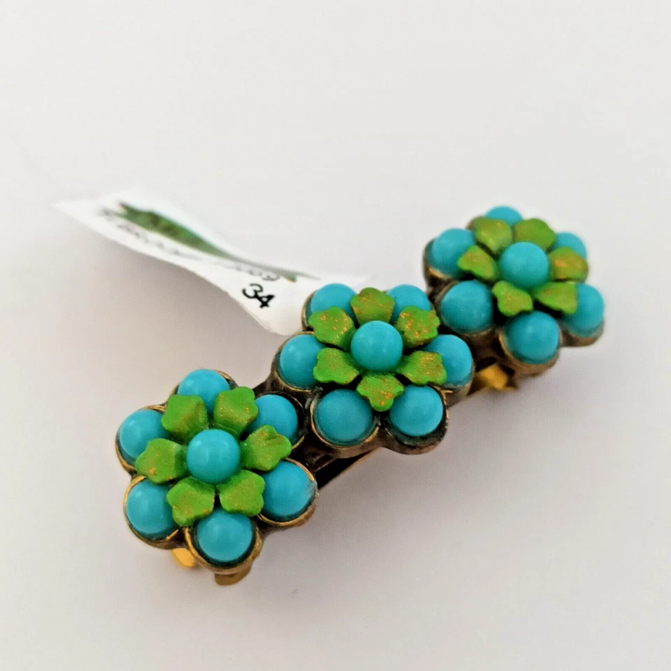 Clip de pelo Michal Negrin esmalte verde turquesa azul flores brillante regalo de primavera Foto 3 de 4