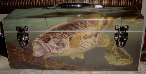 Unused Sainty Art Works Fish Design Fishing Metal Tool Box w/ Tray