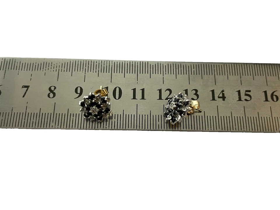 Brincos vintage de safira e diamante 1988 cravejado de ouro 9 quilates - Imagem 2 de 4