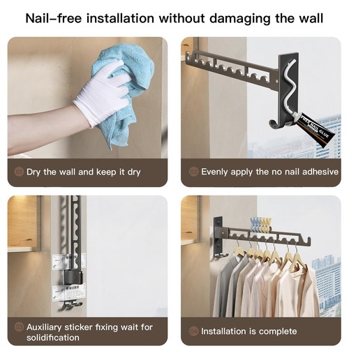 2 Pack Wall Mount Clothes Drying Rack Laundry Room Hanger Mounted Foldable - Picture 7 of 7