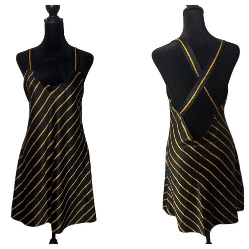 Victoria's Secret Collection Slip Dress Womens S Black Gold Striped Open Back