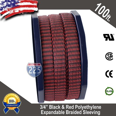 100 FT 3/4'' Black Red Expandable Wire Sleeving Sheathing Braided Loom Tubing US