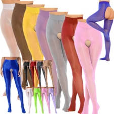 Womens Glossy Crotchless Pantyhose Stockings High Waist Stretchy Tights Lingerie