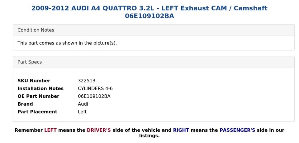 AUDI A4 QUATTRO 2009-2012 3,2 L - cámara de escape izquierda / árbol de levas 06E109102BA Foto 3 de 4
