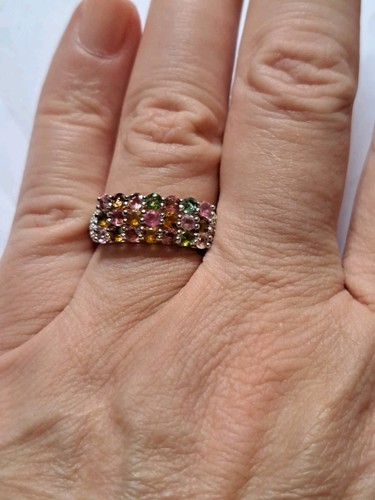 Genuine Multicolored Tourmaline With White Zircon Ring 925 Sterling Silver SZ 9 - Picture 10 of 11