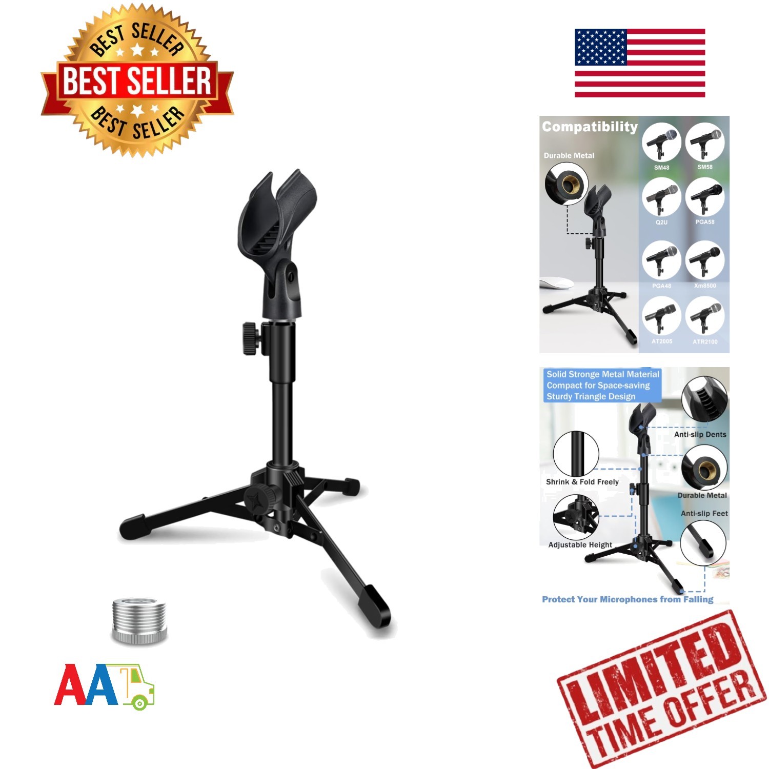Mic Stand Desktop Tripod 12.5cm Adjustable Foldable with 5/8"-3/8" Screws