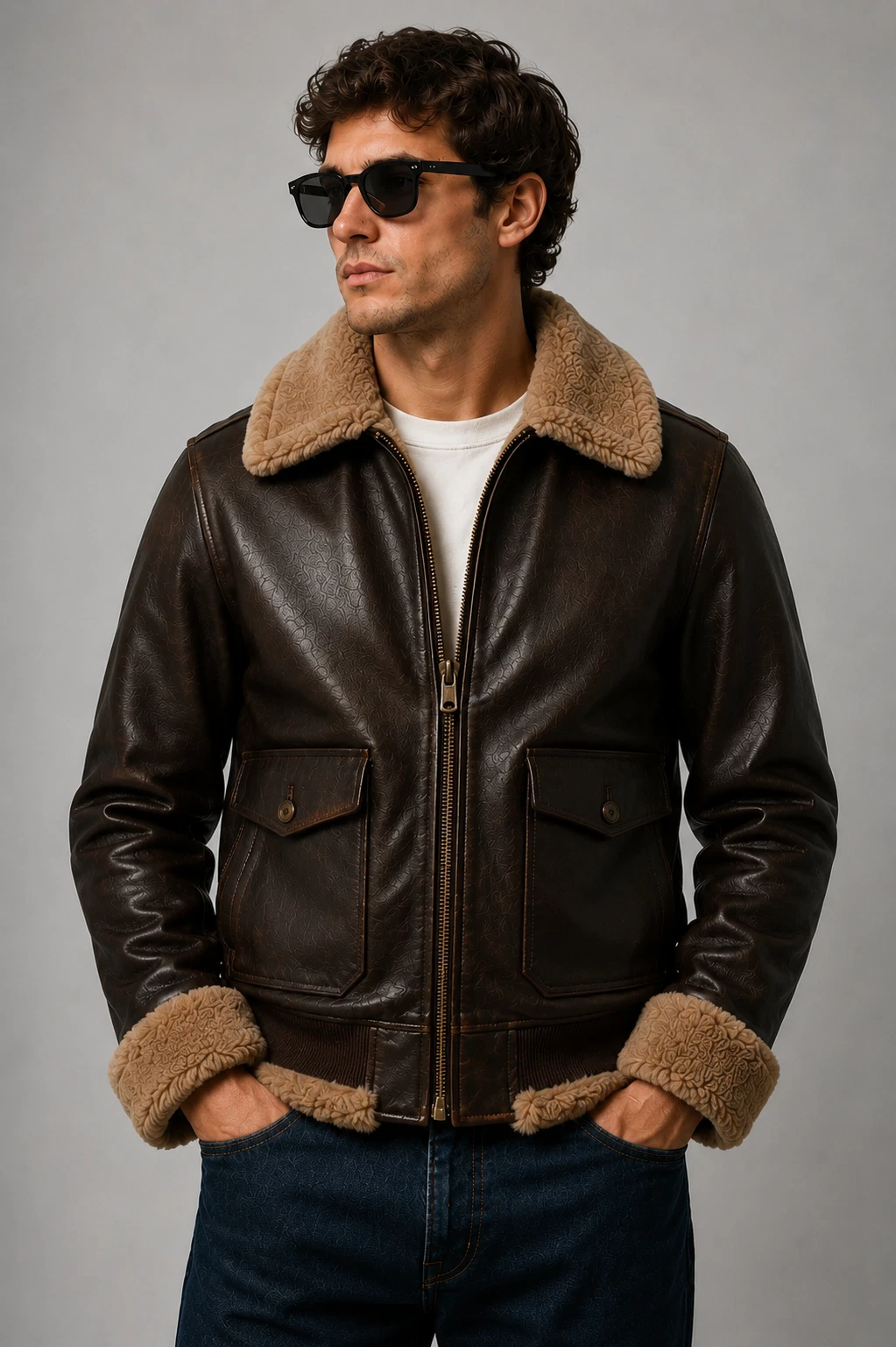 Mens Brown Leather Bomber Jacket | Faux Fur Shearling Cuff | Aviator Winter Coat
Opens in a new wind