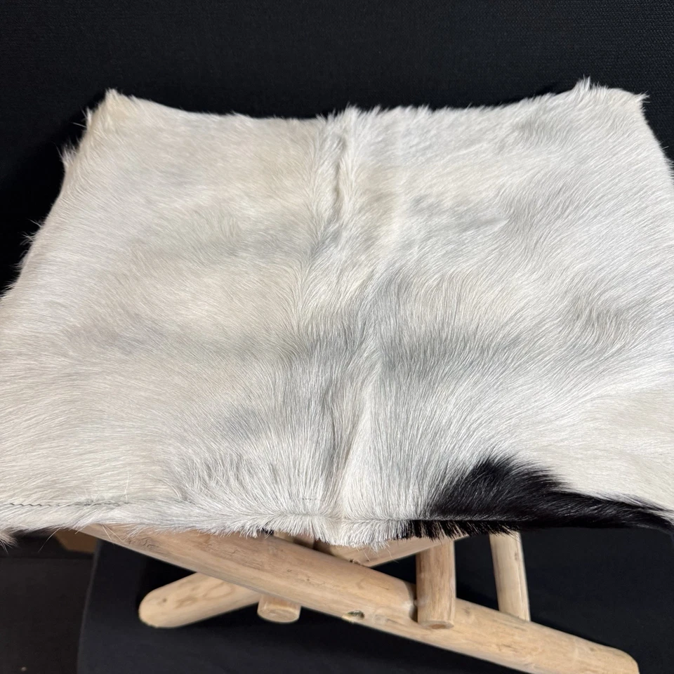Rustikaler Kunst-Rindsleder auf Fell Klapphocker Boho Landhaus Holz Sitz Akzent Stuhl - Bild 3 von 4