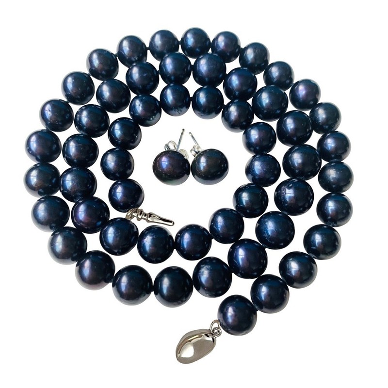 20 Inch Set ROUND 8-9mm Black Pearl Necklace Earrings Cultured Freshwater Women