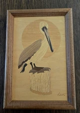 Vtg Wooden Framed Hudson River Inlay Marquetry Pelican Bird nautical by Nelson