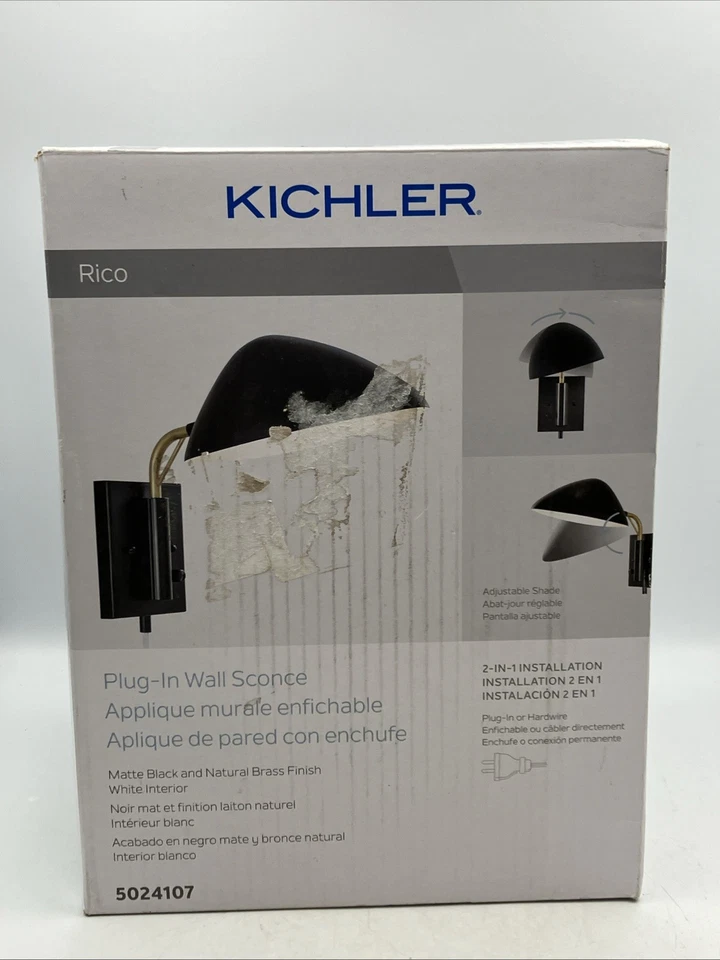 Aplique de pared enchufable Kichler Rico, brazo oscilante, luz negra mate y de latón - estilo MCM Foto 2 de 4