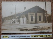 RPPC postd 1909 Pennsylvania RR Depot, CENTERVILLE, INDIANA. Postcard REAL PHOTO