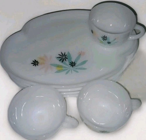 Vintage Milk Glass Snack Tray Set Atomic Leaf Design Plates Cups 7 pc Set