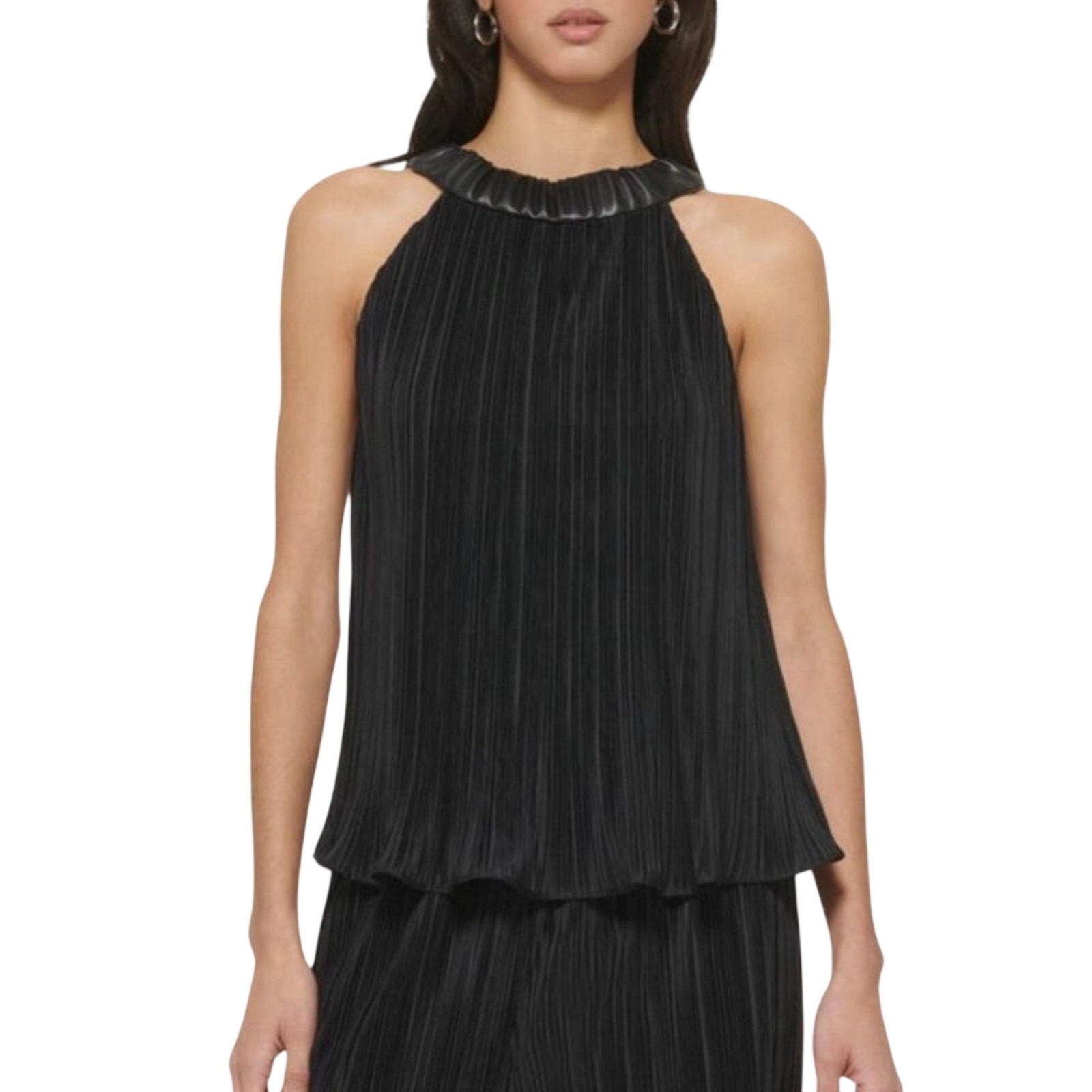 Donna Karan DKNY Women's High-Neck Sleeveless Plissé Top in Black Size M