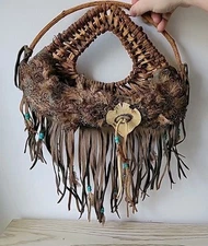 Vintage Handmade Branch Twig Deer Skin Beads & Feathers Hanging Tribal Basket 