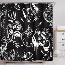 Black White Kids Boys Gamer Shower Curtain for Bathroom Decor 72Wx72H Teens V...