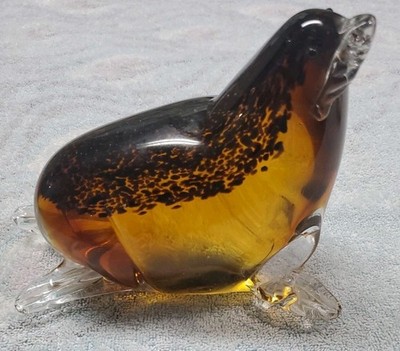 Large Hand Blown Amber Art Glass Walrus/Sea Lion Figurine/Statue/Paperweight 
