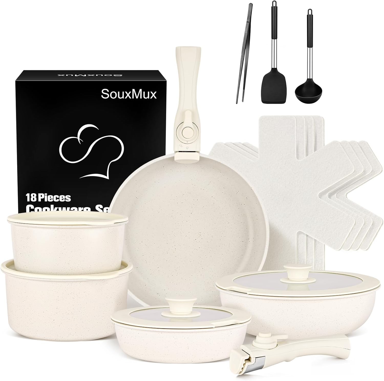 18-Piece Nonstick Induction Pots & Pans Set with Removable Handles in White