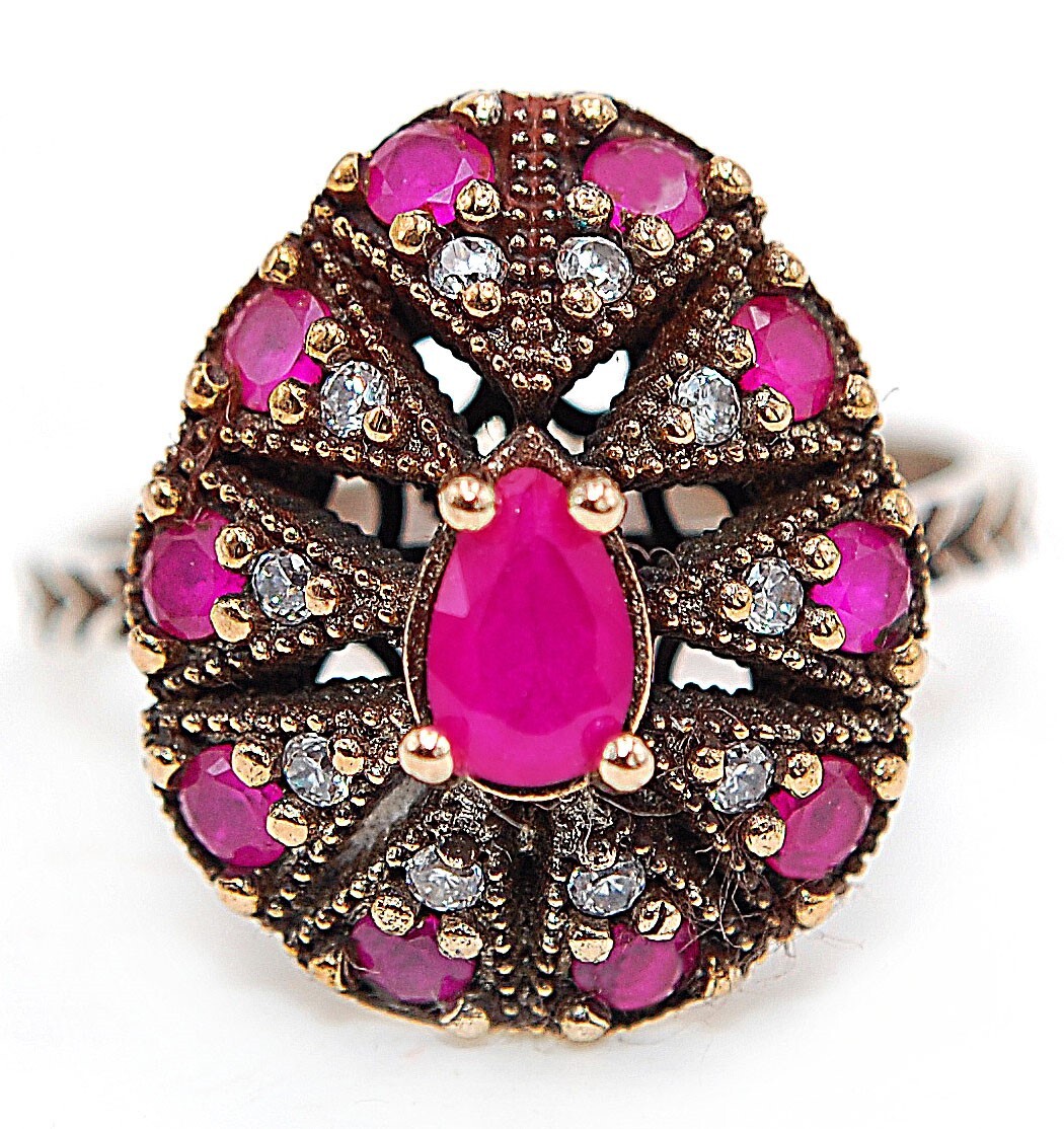 3CT Treated Ruby Ottoman Empire Style 925 Sterling Silver Ring Sz 8 HB3-7  