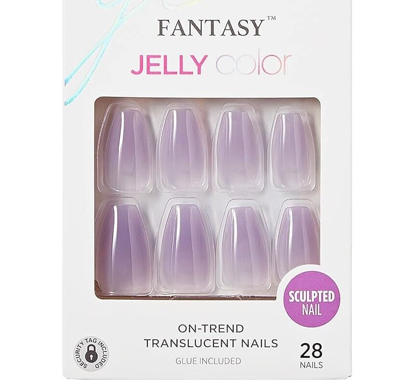 KISS GEL FANTASY FALSE NAILS 28 GLUE ON NAILS COFFIN SHAPE MEDIUM QUINCE JELLY