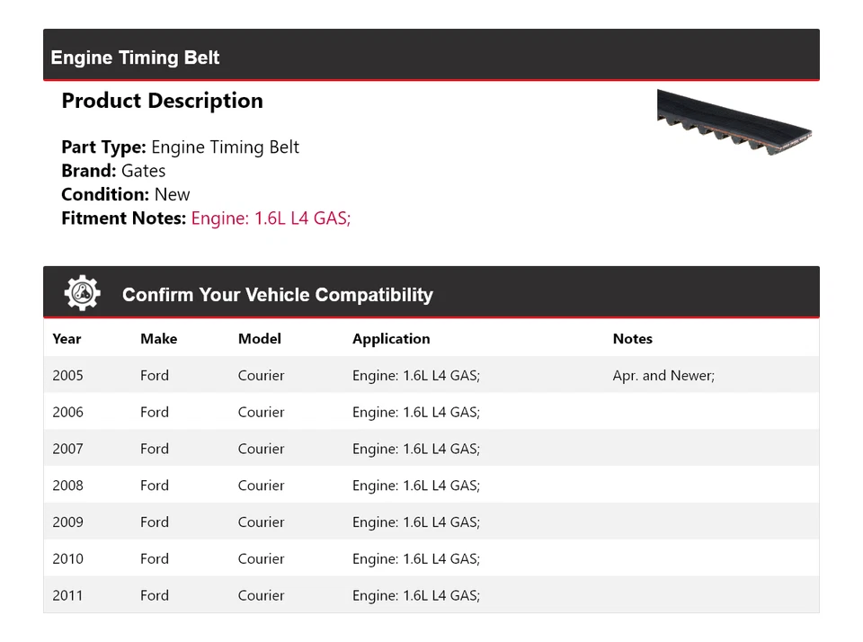 Puertas de correa de distribución para motor Ford Courier 2005-2011 1,6 L L4 GAS 2006 2007 2008 Foto 2 de 4
