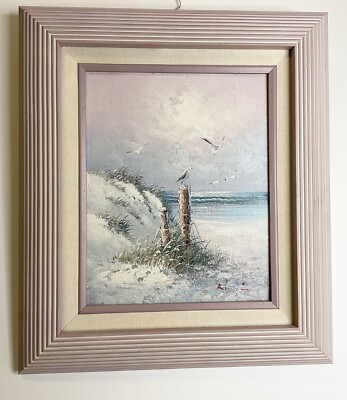 Oil Painting Beach Scene Seascape 8x10 Canvas Framed Size 13x15 Mauve/Pink Frame
