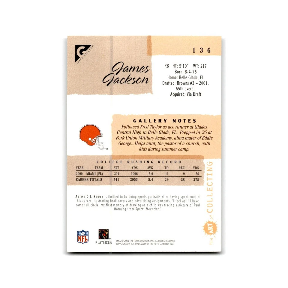 James Jackson Rookie 2001 Topps Gallery #136 Cleveland Browns Football Card NM - Image 2 of 3