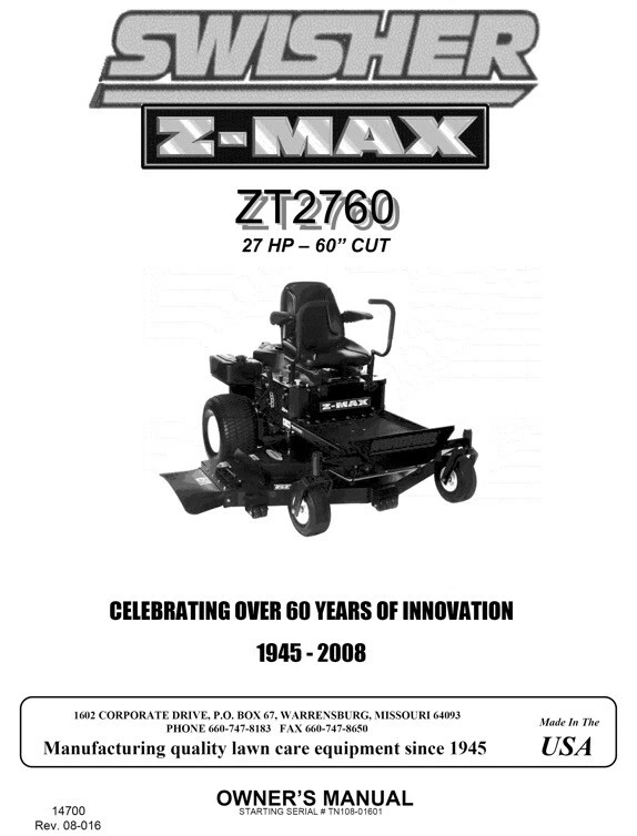Owners Manual Parts List Swisher 27.0 HP Zero Turn Riding Mower