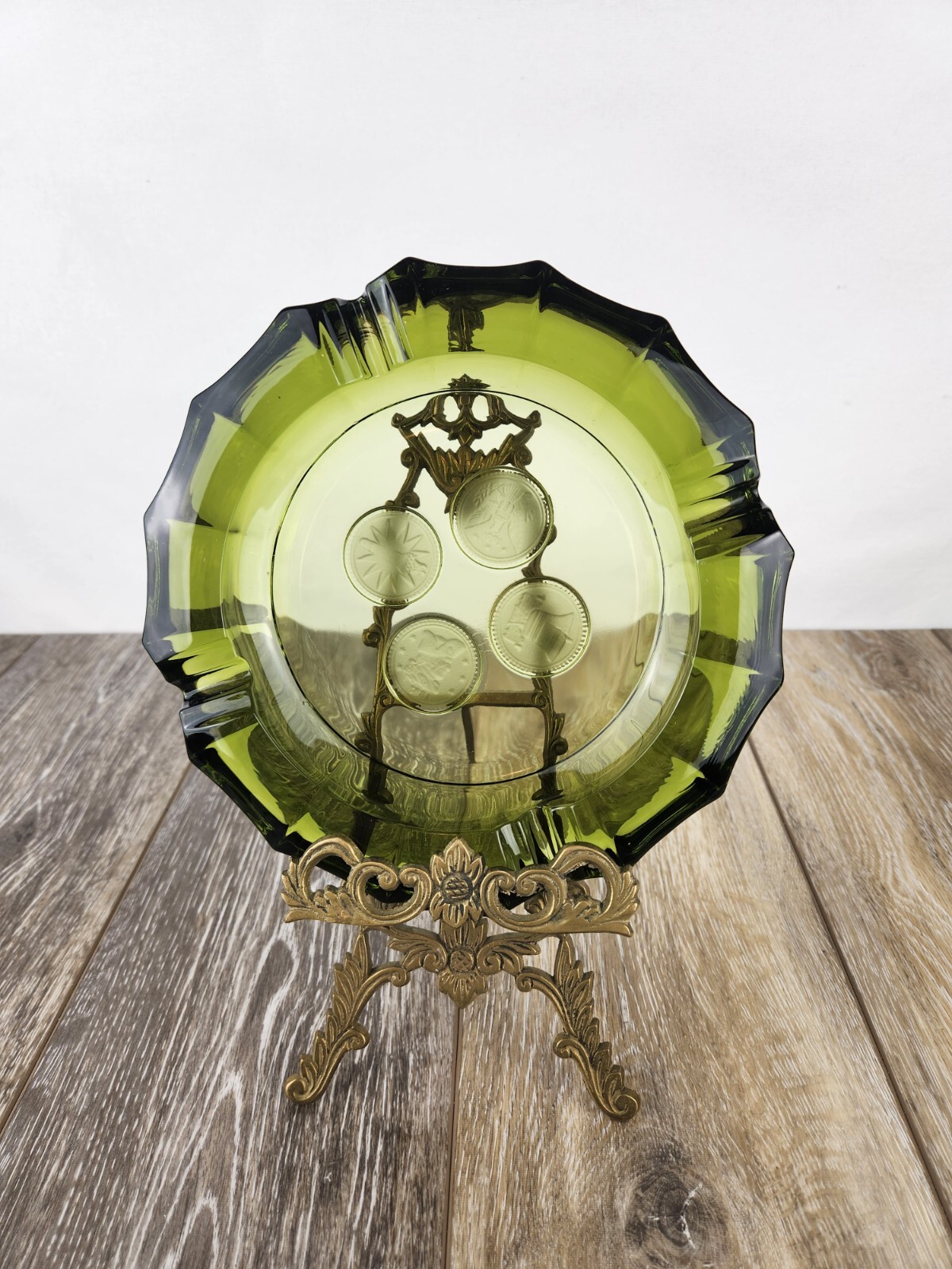 Avocado Green Fostoria Coin 1887 Heavy Glass Ashtray with Liberty Bell Eagle