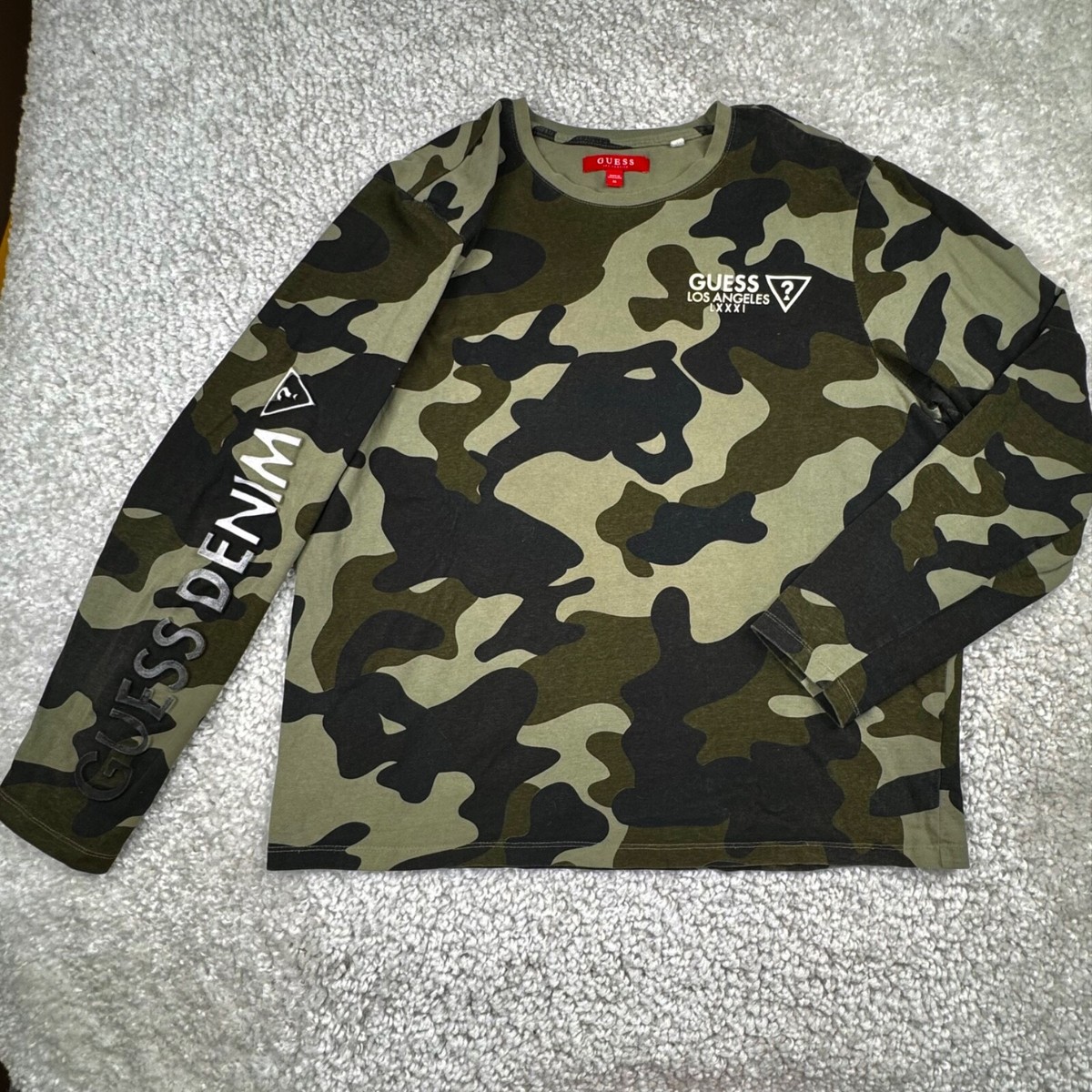 Guess Denim Los Angeles Green Camo Long Sleeve T-shirt Unisex Mens 