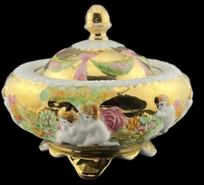 Vintage Capodimonte Covered Dish Gold & White Putti Decorations Hand Paint #2259