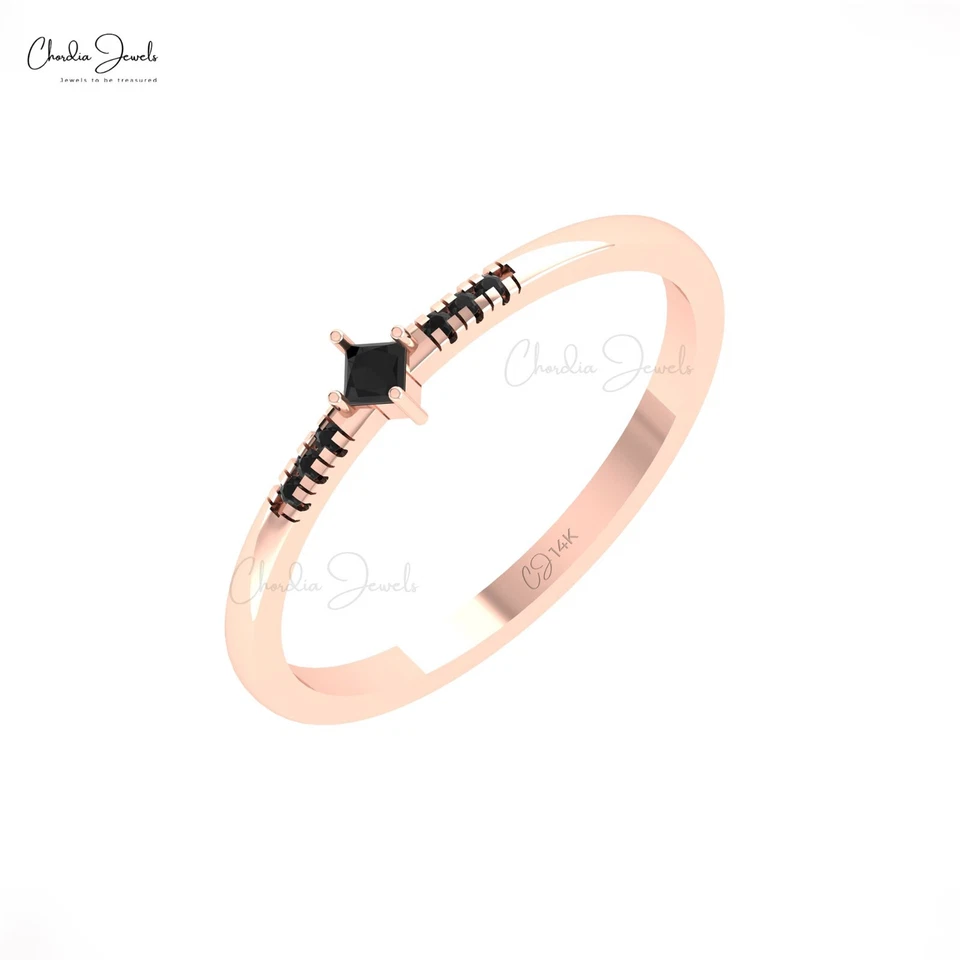 Anillo de compromiso cuadrado de diamantes negros de corte princesa de 2 mm de oro puro de 14 k para mujer Foto 2 de 4