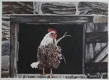 Pintura Acuarela Original Sobre Papel “Gallo Saliendo del Granero” Firmada