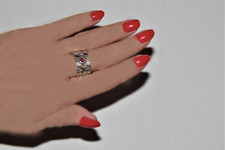 Artistic Sterling Silver Lattice Wide Band Ring with Cabochon Garnet