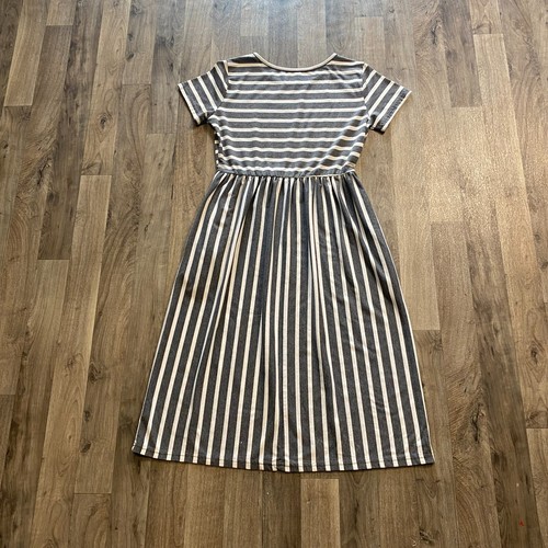 Vestido de Bolsillo Verde Azulado Cosquillas Gris Blanco Rayas Midi Manga Corta Talla Pequeña - Imagen 3 de 6