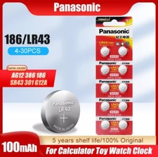 PANASONIC LR43 186 AG12 G12A 1.5V Alkaline Battery 30PCS 