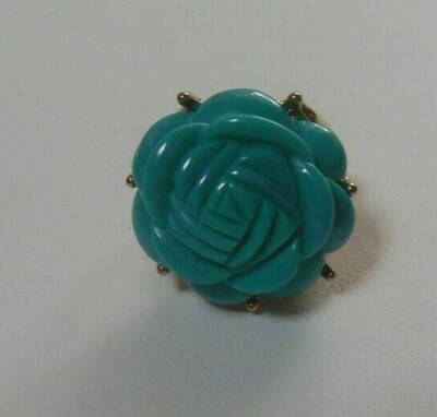 Large Gold-tone Metal & Prong-set Plastic Blue Carved Rose Ring Size Size 6