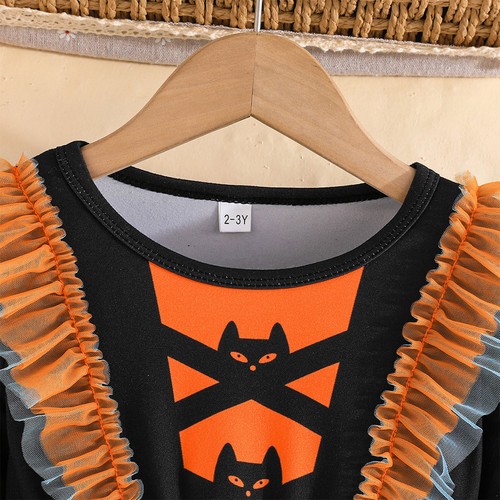 Kinder Mädchen Kleid Kürbis Rock Fledermauskleid Halloween Langarm Karneval Festival - Bild 18 von 24