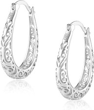 925 Sterling Silver Vintage Filigree Hoop Earrings Lightweight Oval Hoop Earring