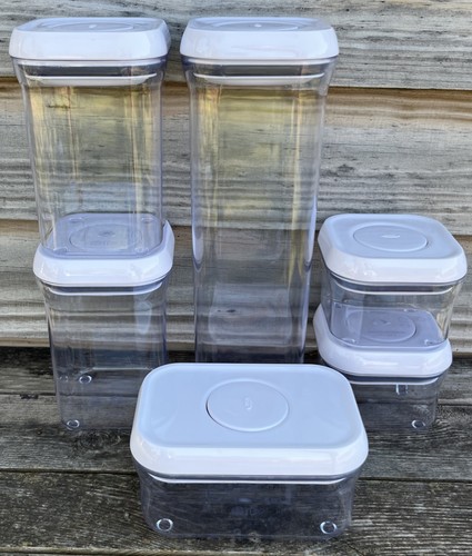 Lot Of 6 OXO POP Storage Containers Multiple Sizes White Lids Measurements Below - Picture 2 of 4