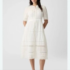 New Gap Midi Dress Size Small Lacy Short Sleeve Button Front White NWT Boho
